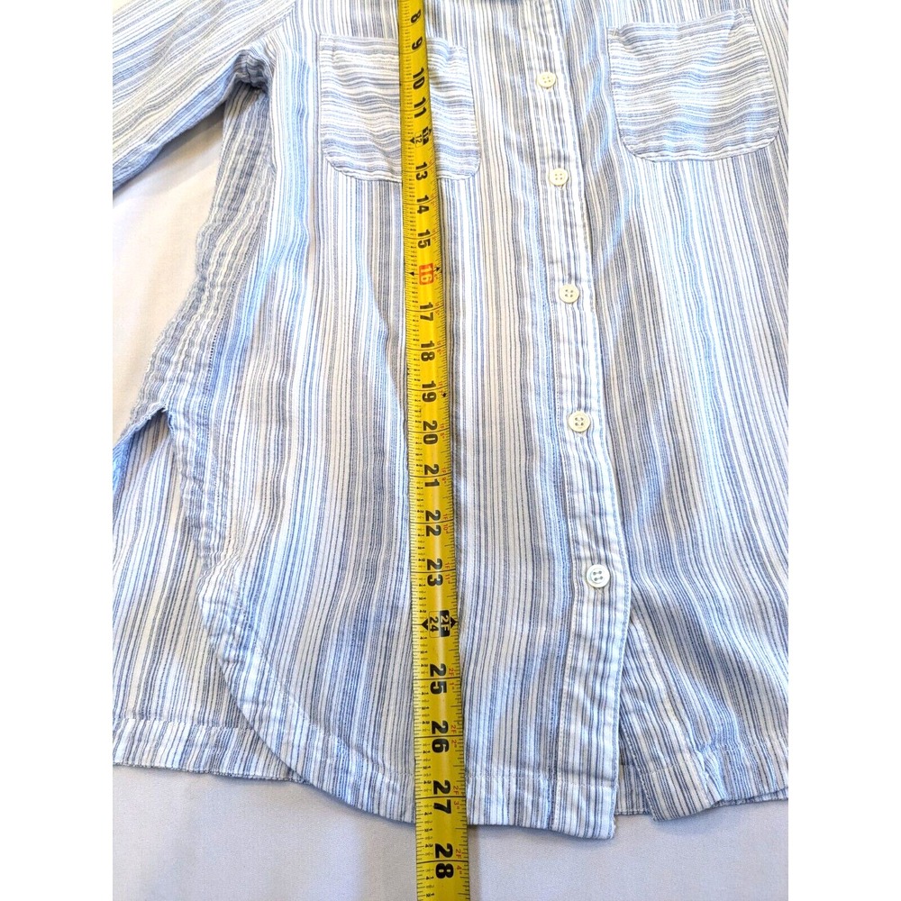 ATHLETA Womens Sz M Blue Stripe Button Pocket Curved Hem Viscose Roll Tab Sleeve - Picture 13 of 16